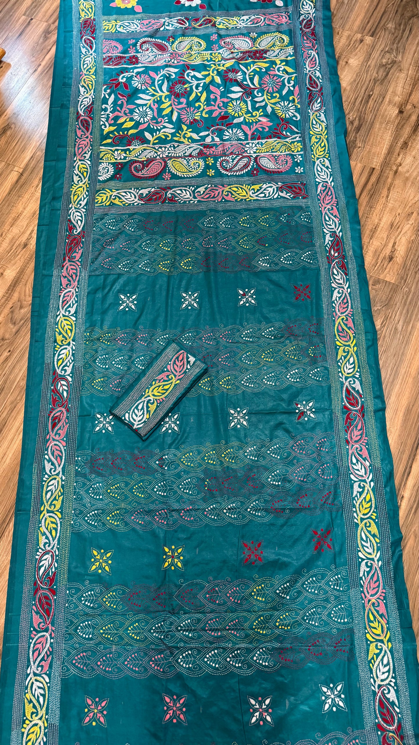 Silk Kantha Saree- Sea green