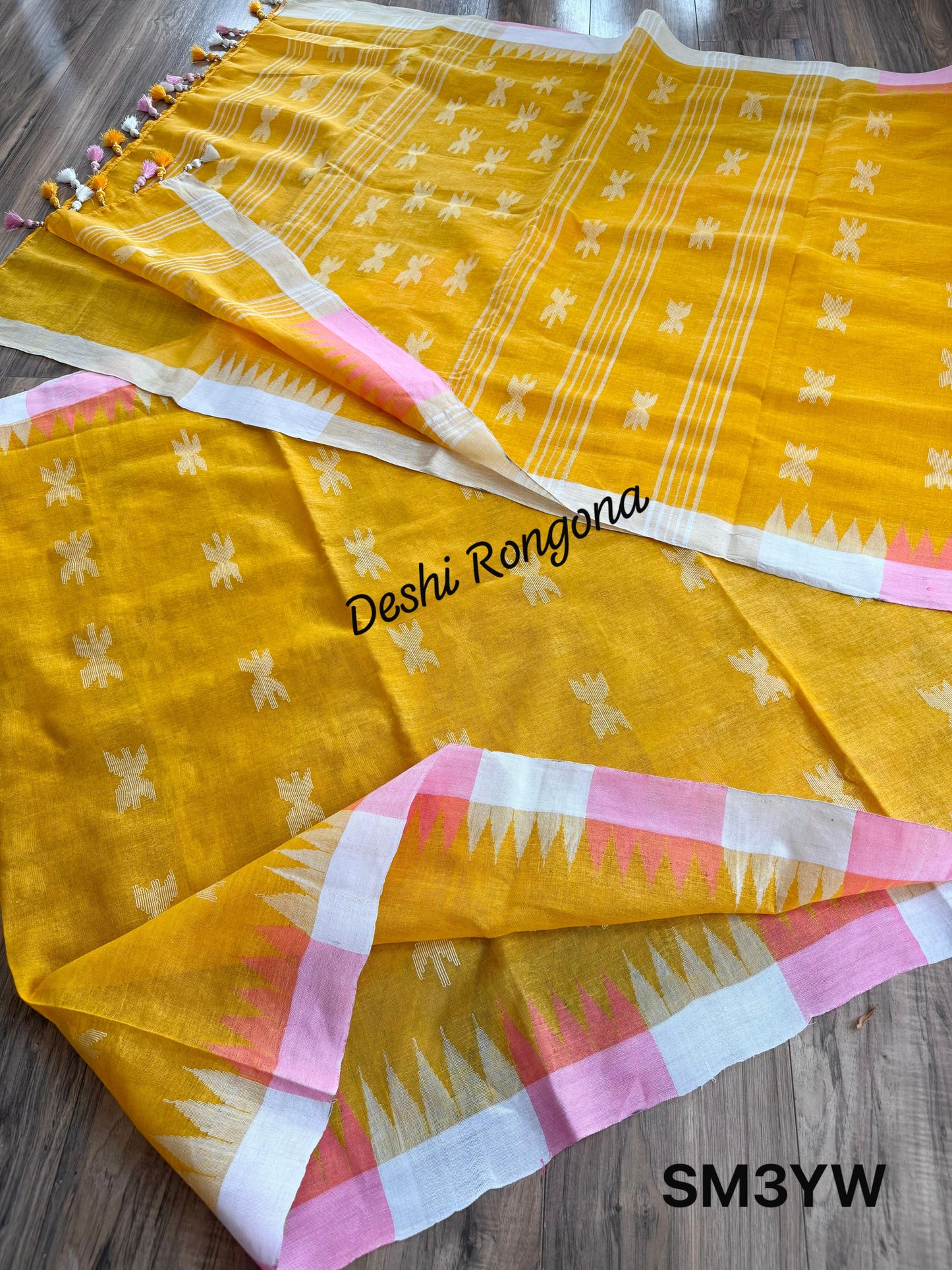 Sylheti Monipuri Handwoven Cotton Saree – Yellow