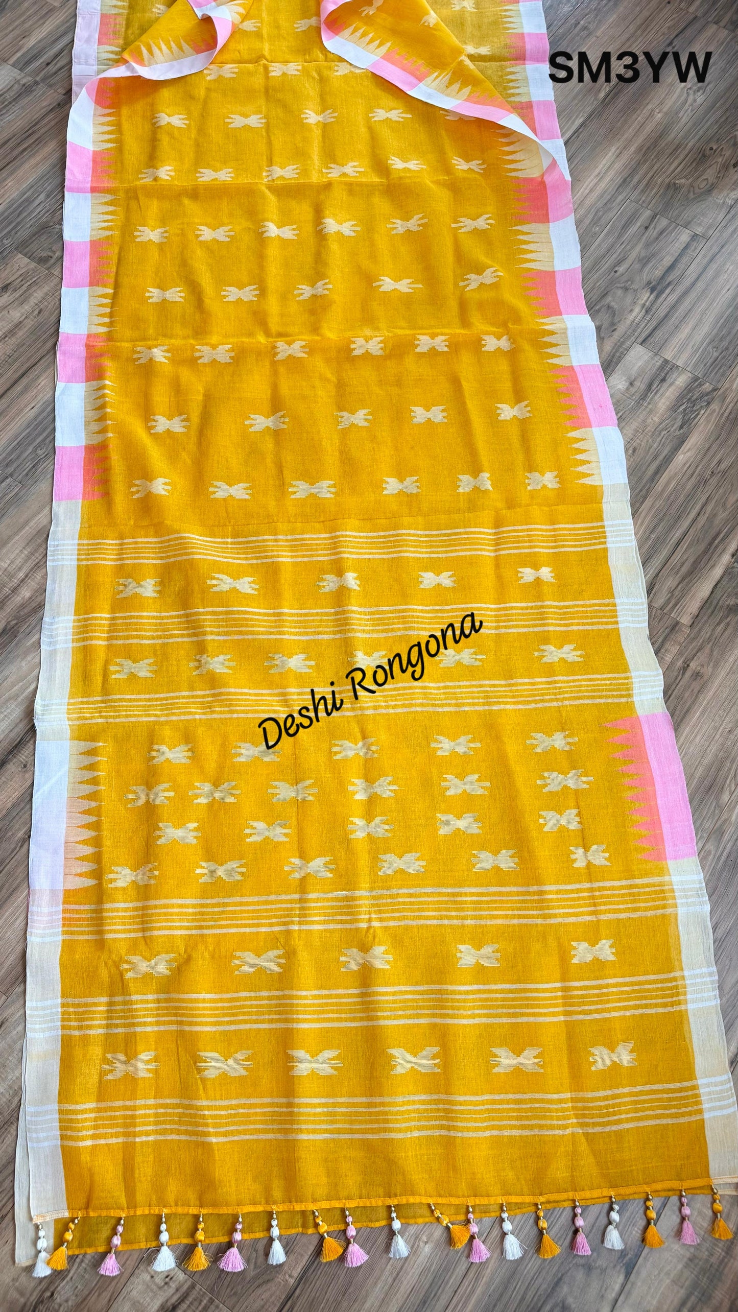 Sylheti Monipuri Handwoven Cotton Saree – Yellow