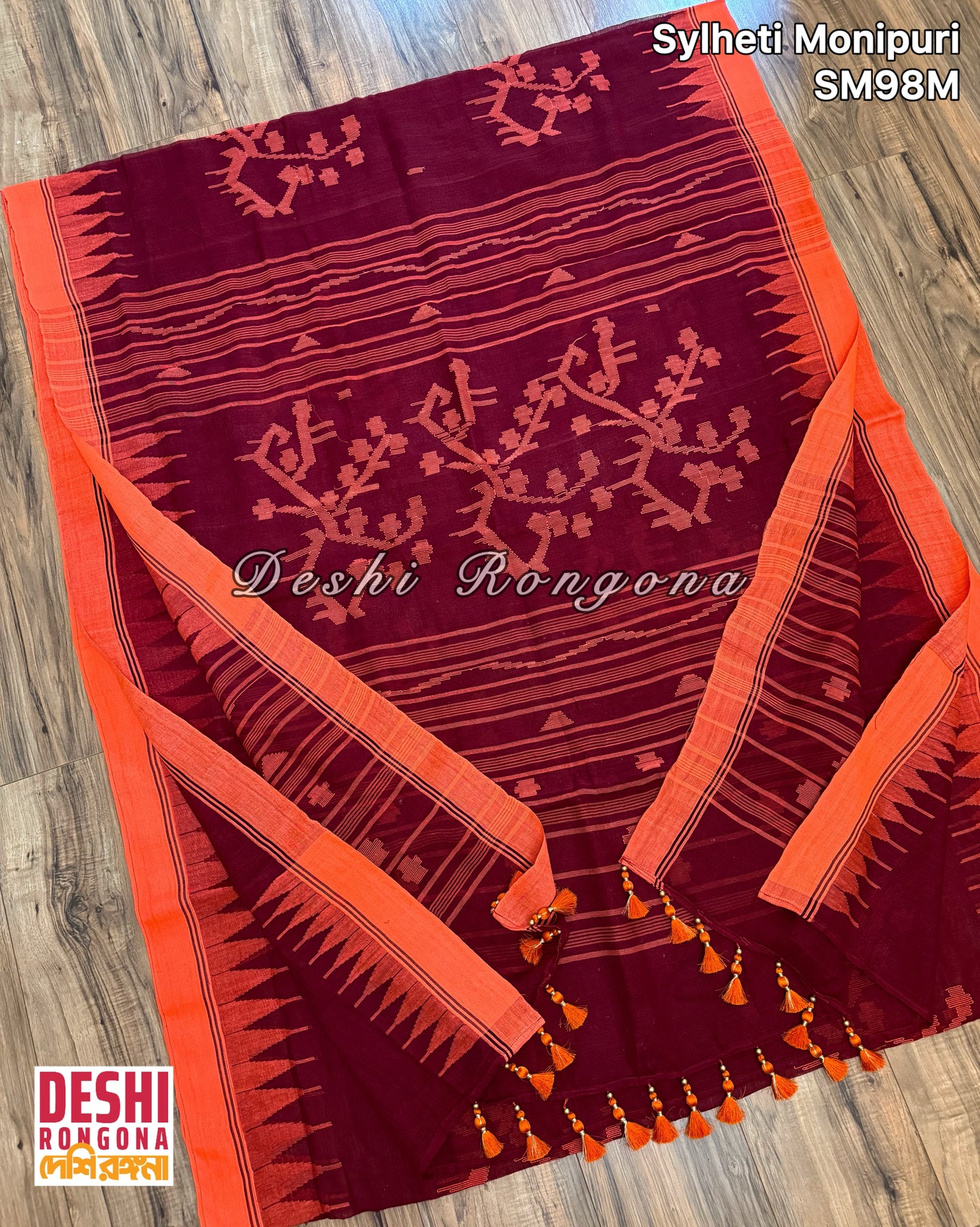 Monipuri Cotton saree, Maroon and Orange