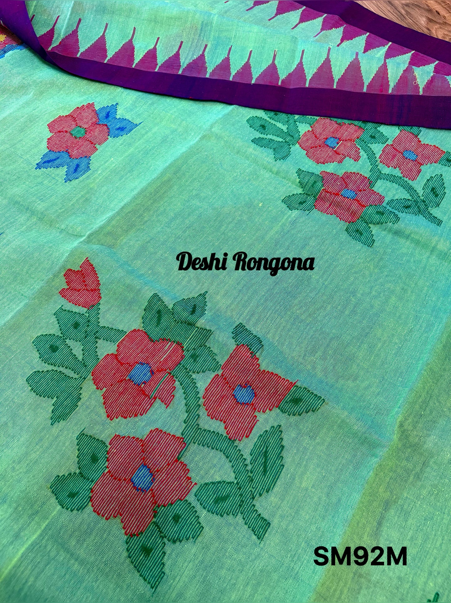 Sylheti Monipuri Saree, Mint with Purple/Blue Border
