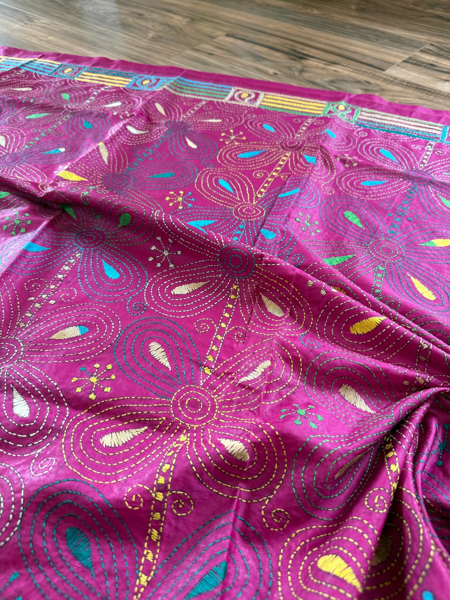 Magenta Pink Bangalore Silk Kantha Saree