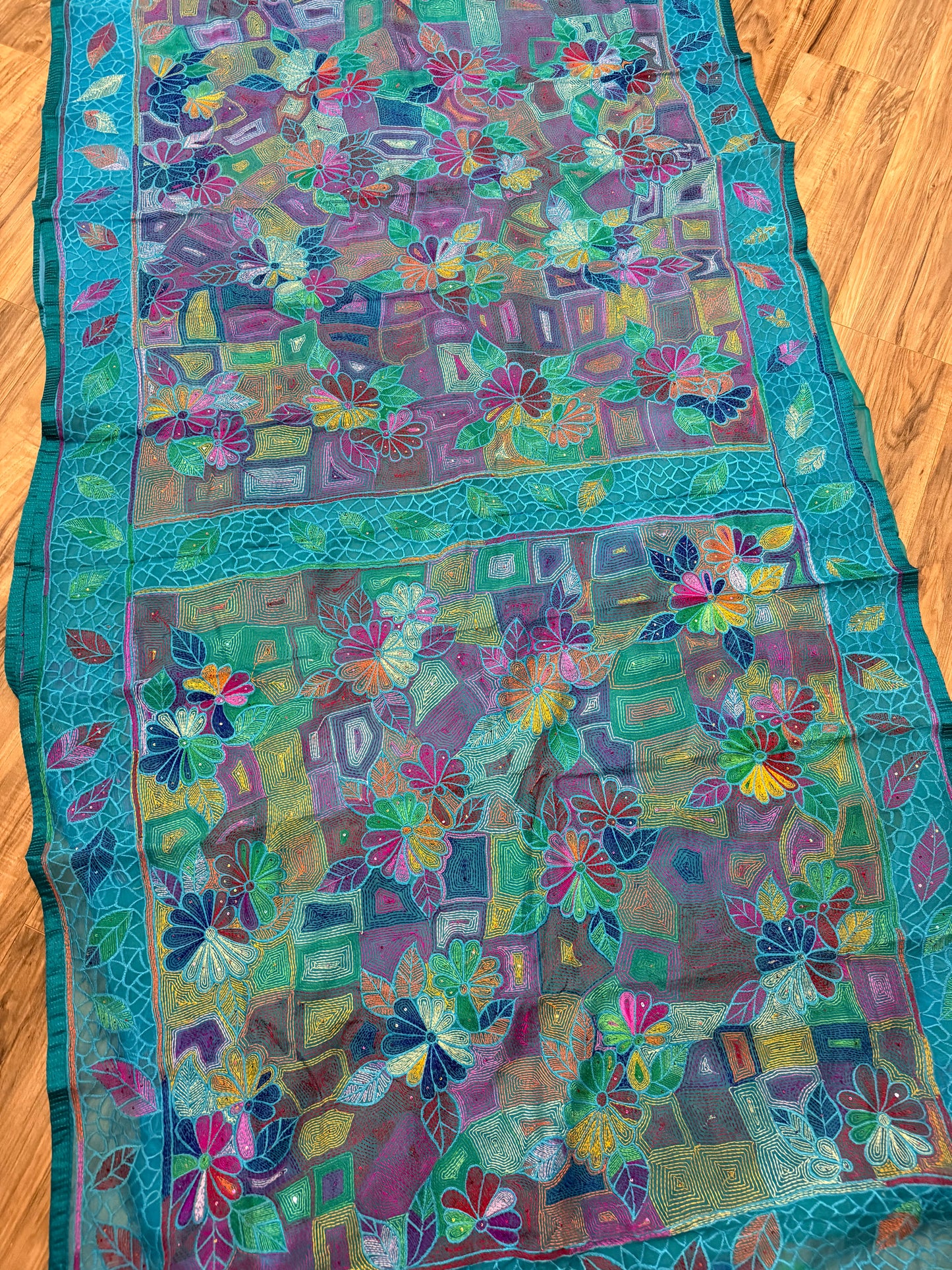 Pure Moslin Saree with Hand kantha and Handpaint