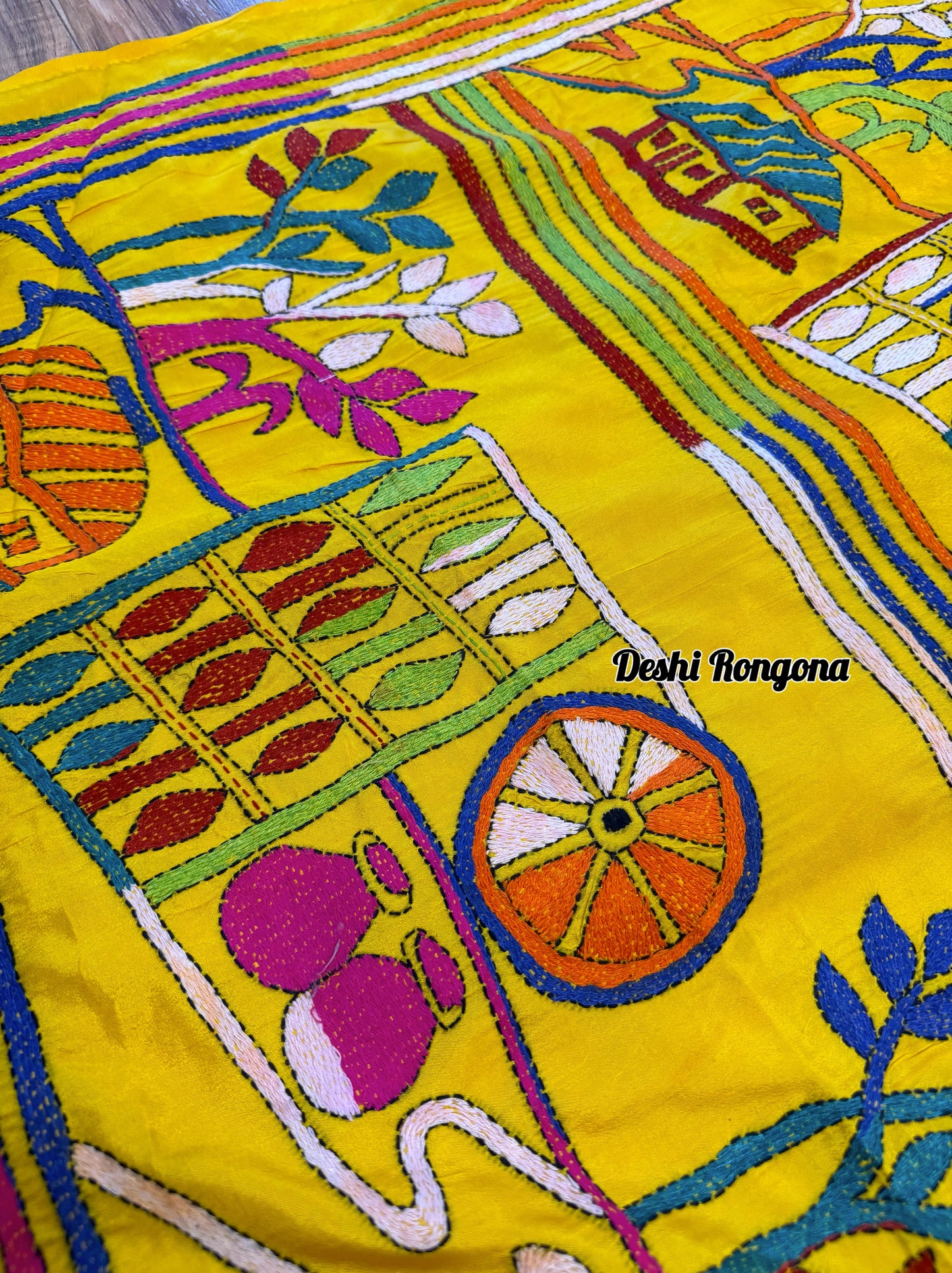 Yellow Bangalore Silk Kantha Saree