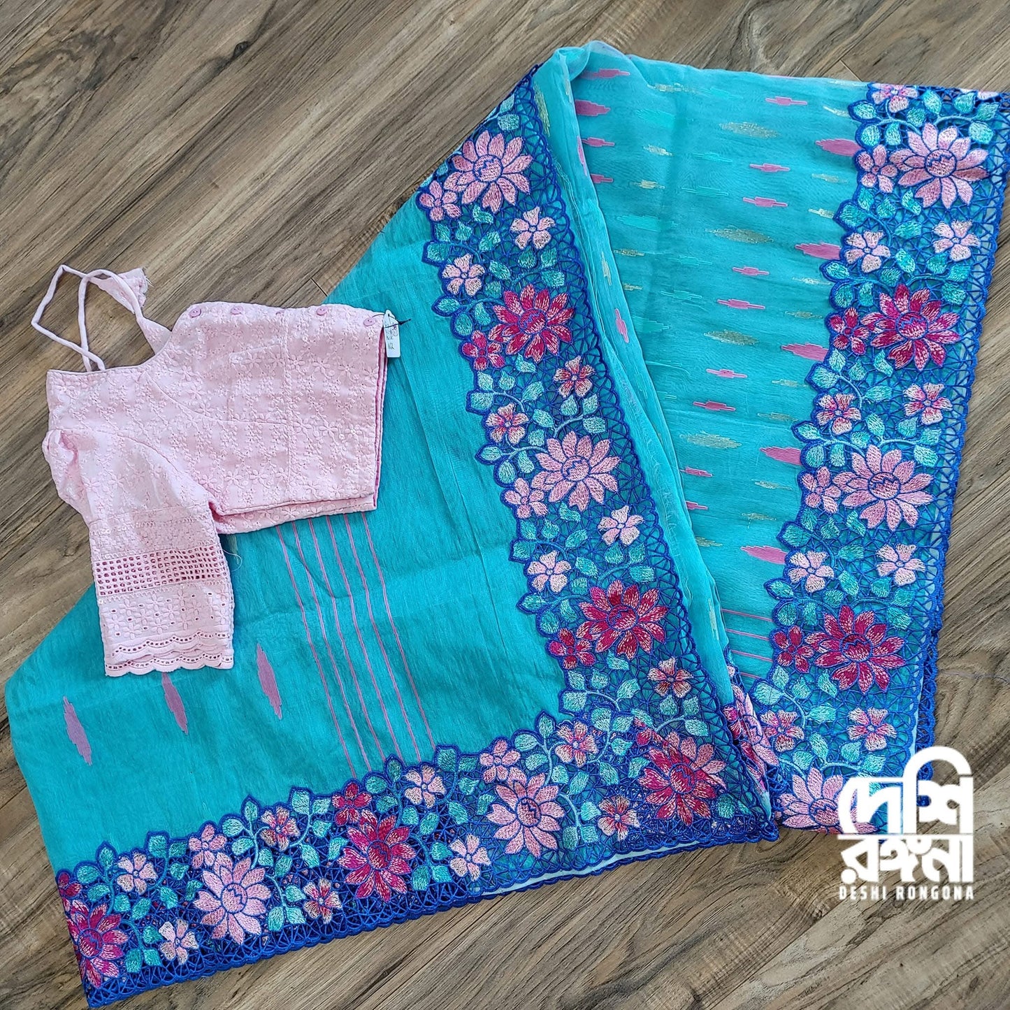 Turquoise Dhakai Jamdani with Cutwork Embroidery