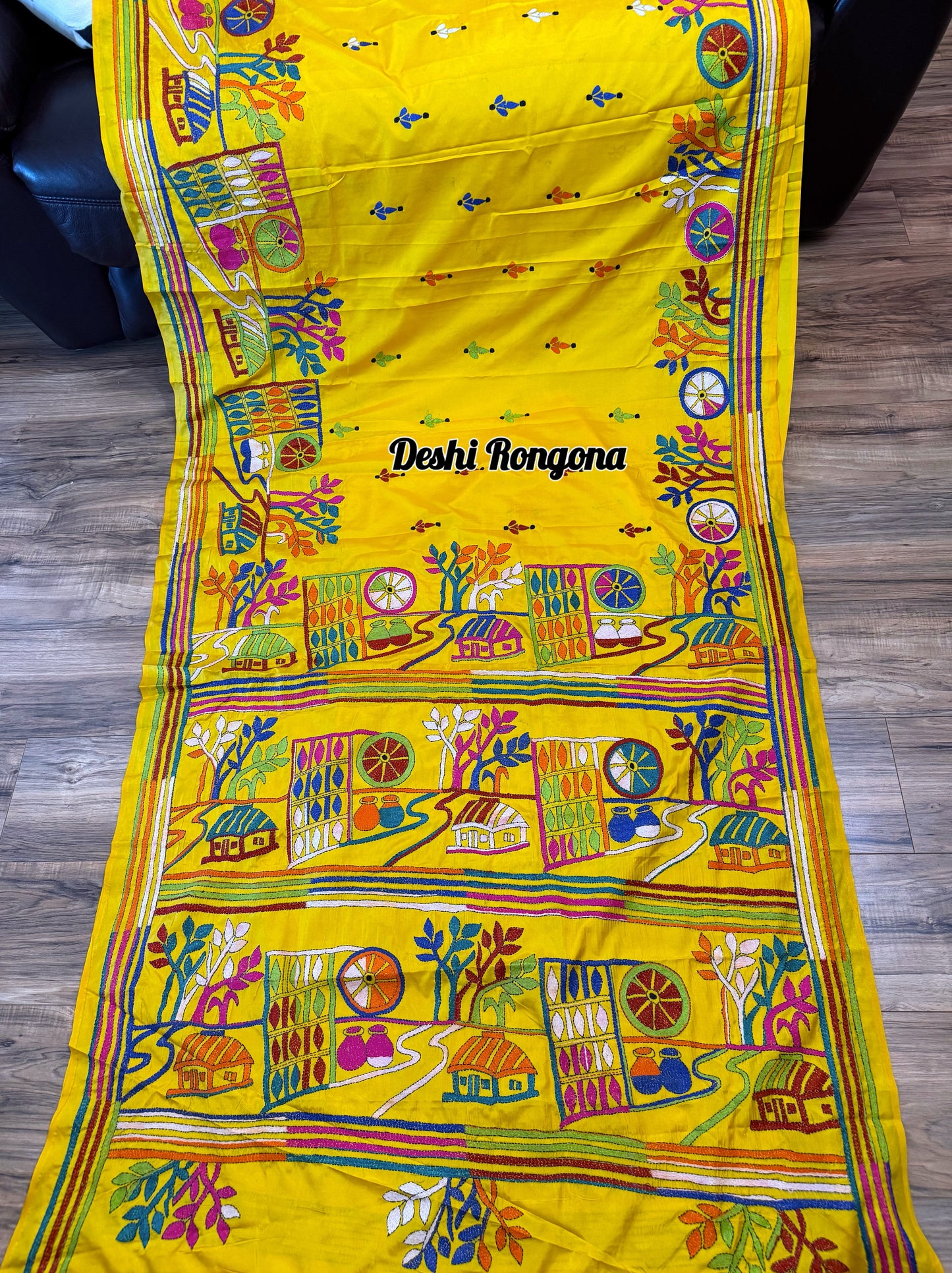 Yellow Bangalore Silk Kantha Saree