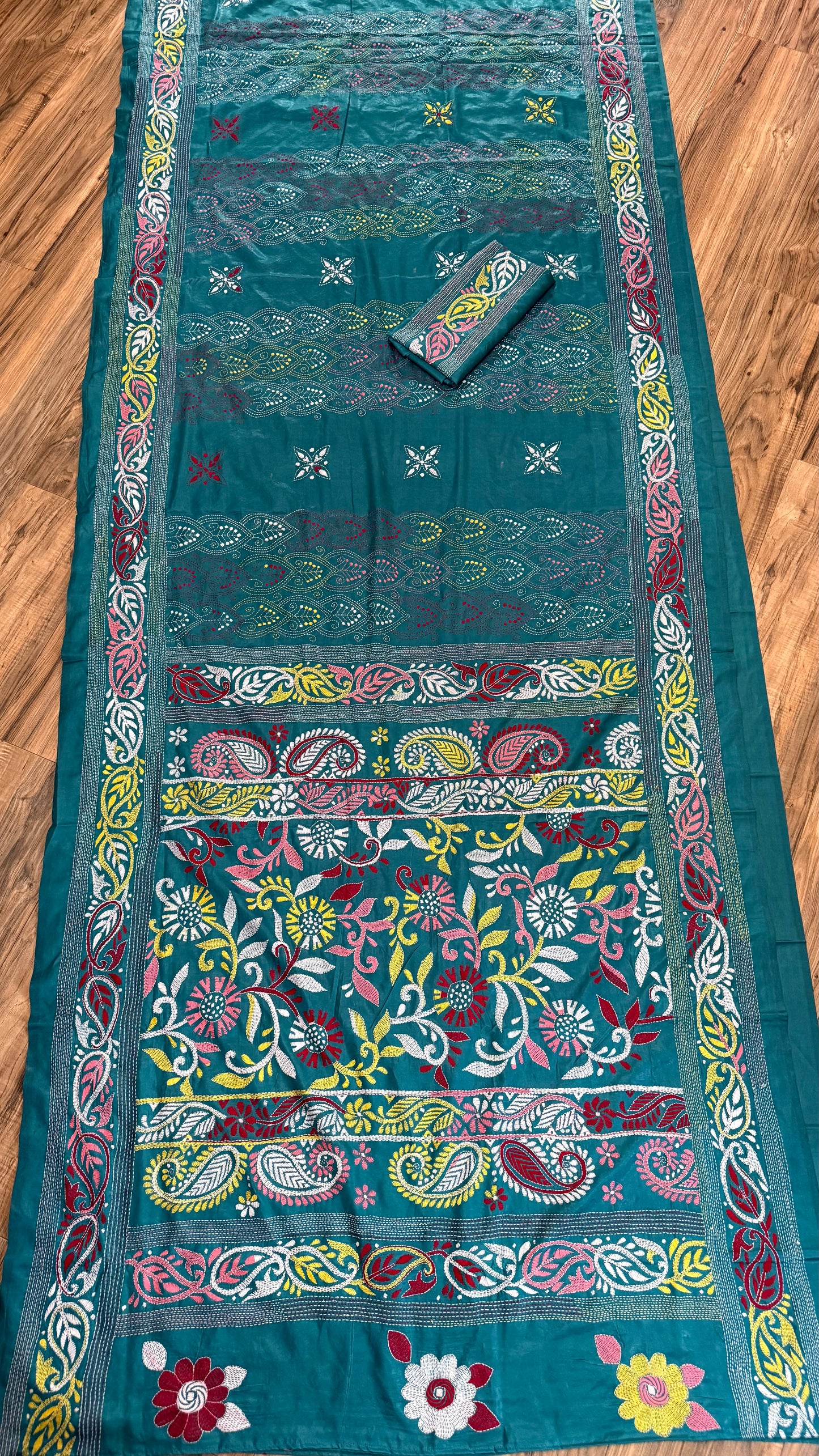 Sea green Bangalore Silk Kantha Saree