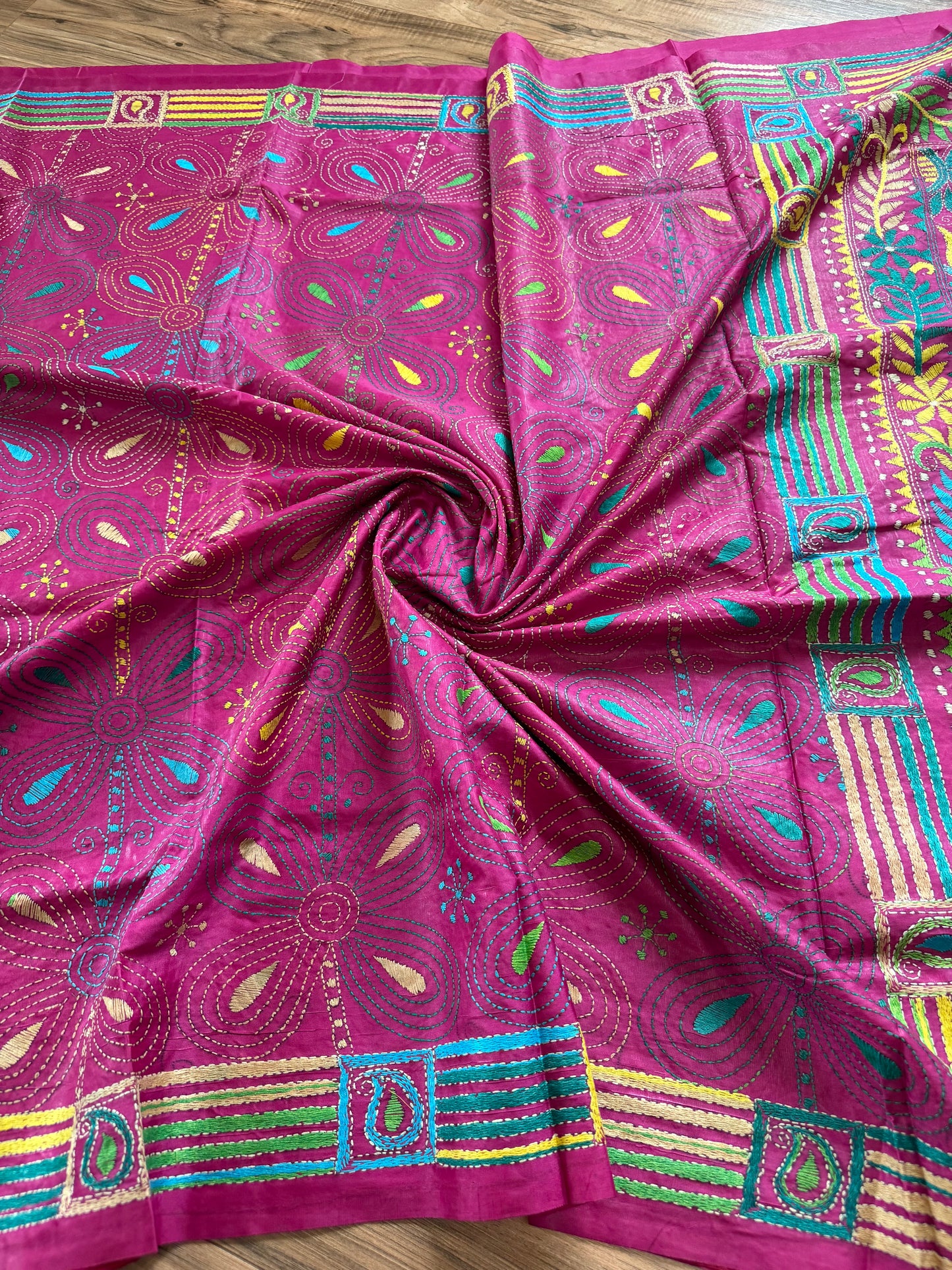 Magenta Pink Bangalore Silk Kantha Saree