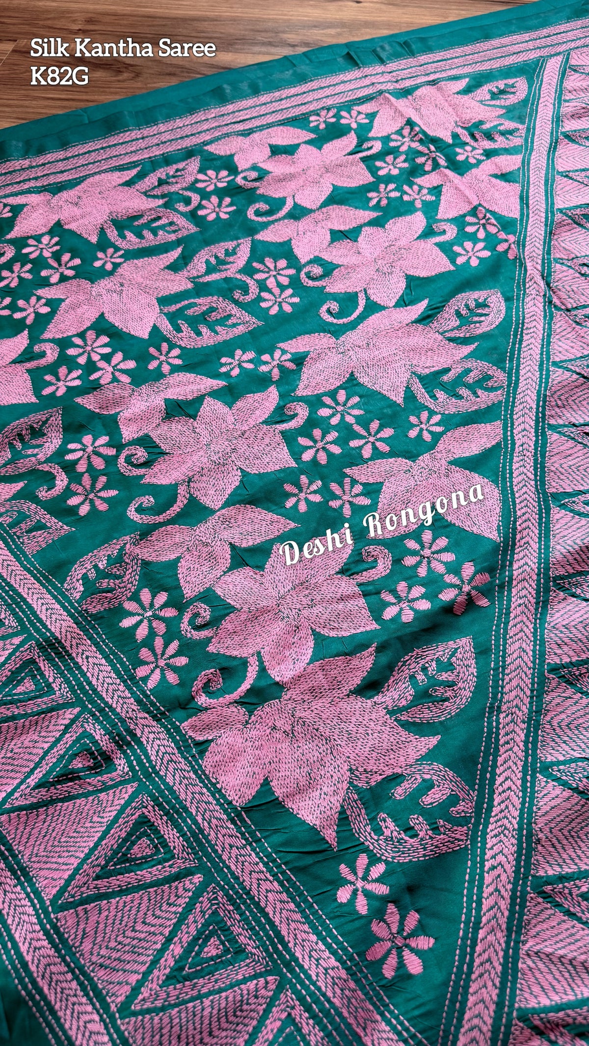 Sea green Bangalore Silk Kantha Saree with pink work