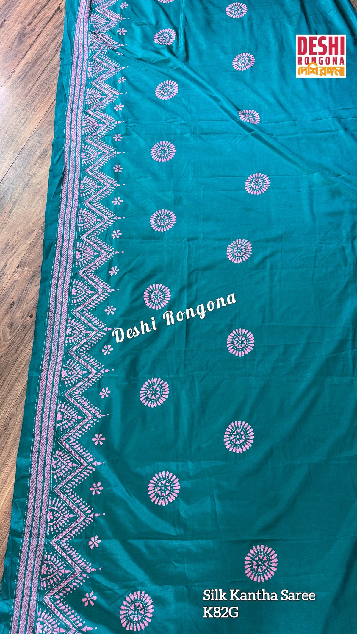 Sea green Bangalore Silk Kantha Saree with pink work