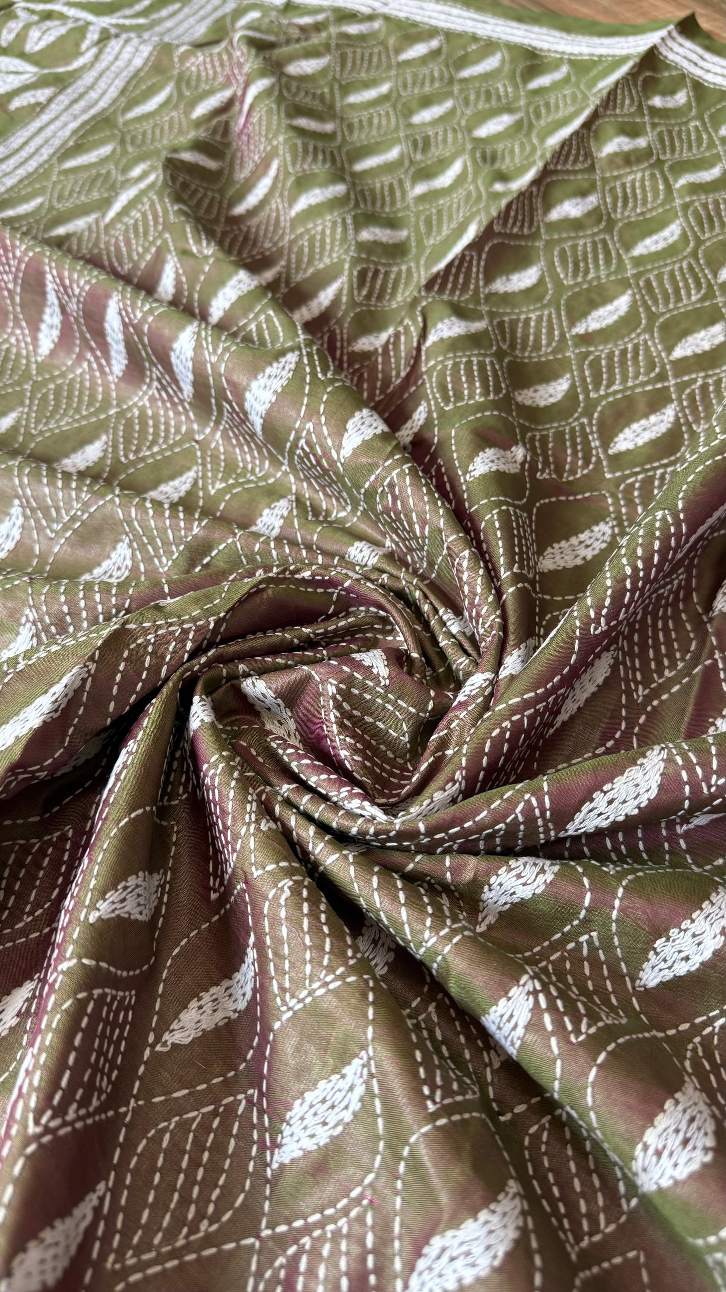 Duel Tone Olive Bangalore Silk Kantha Saree