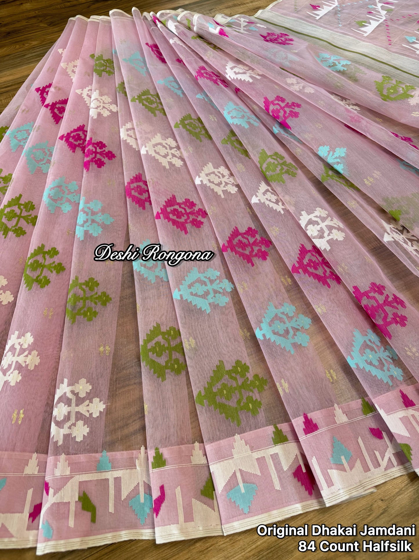 Handwoven Dhakai Jamdani Saree – Baby Pink Halfsilk