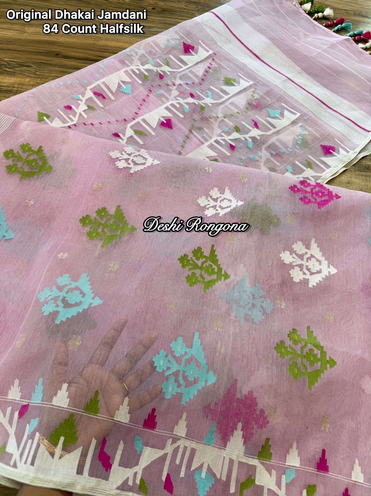 Handwoven Dhakai Jamdani Saree – Baby Pink Halfsilk