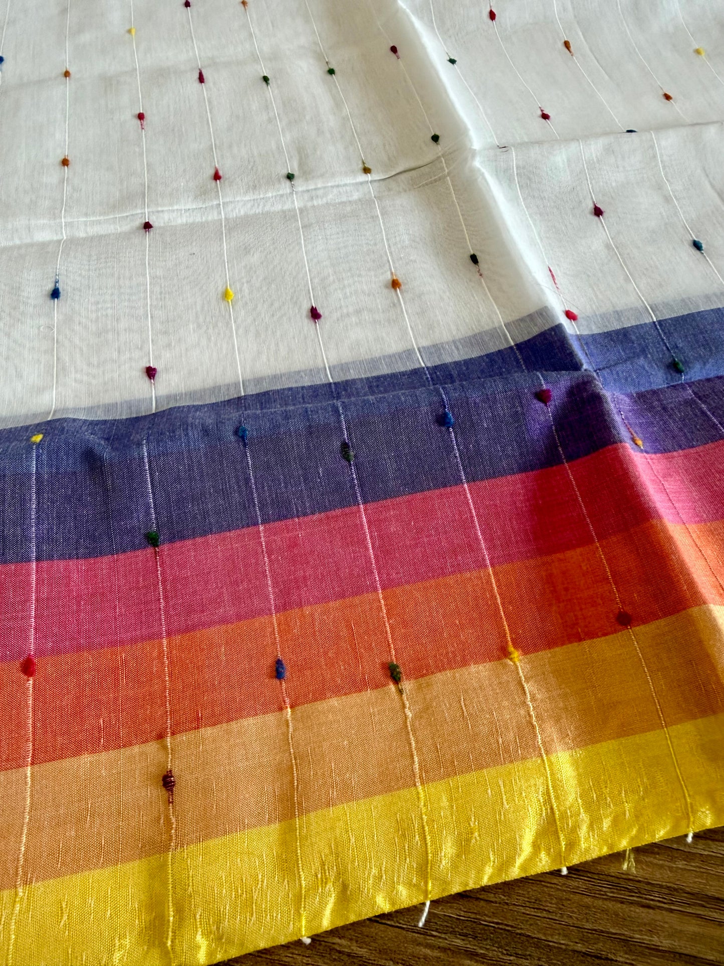 Tangail Halfsilk Khesh Saree, White -pink border