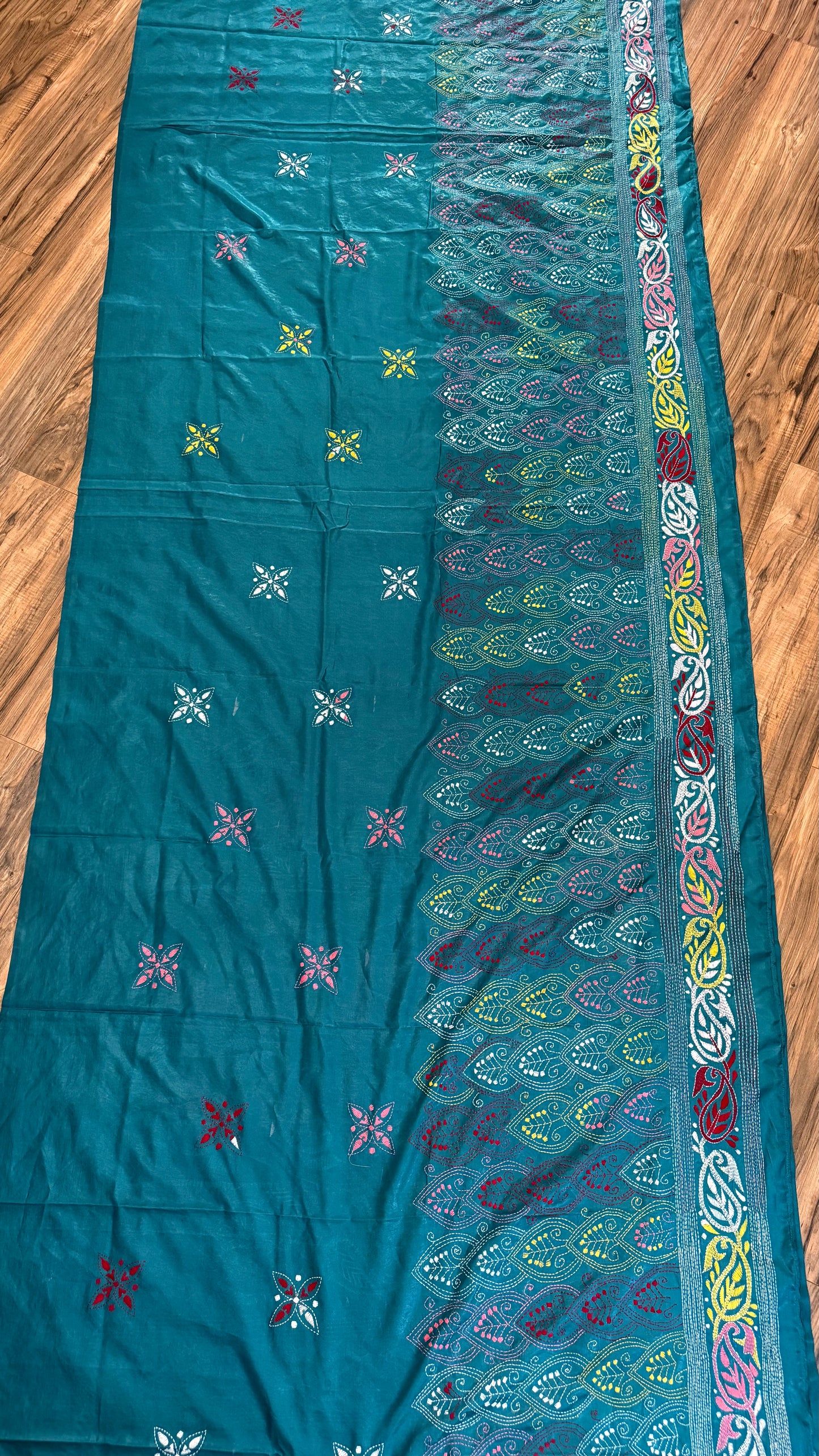 Silk Kantha Saree- Sea green
