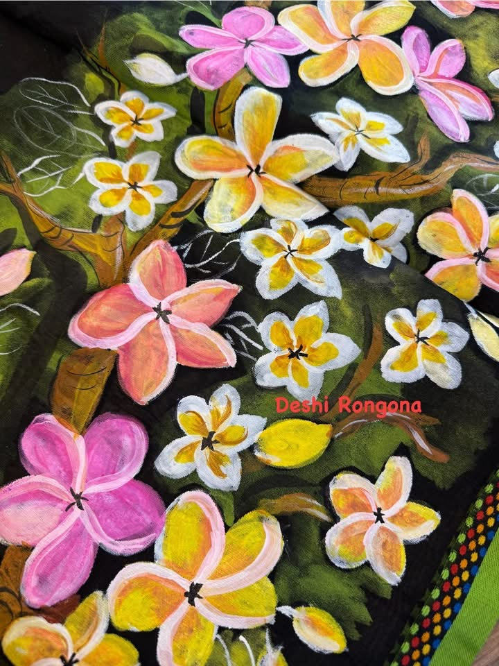 HandPainted Handloom Halfsilk Saree, Beautiful Plumeria painted with Acramin color. Aarong Cotton Punjabi Set