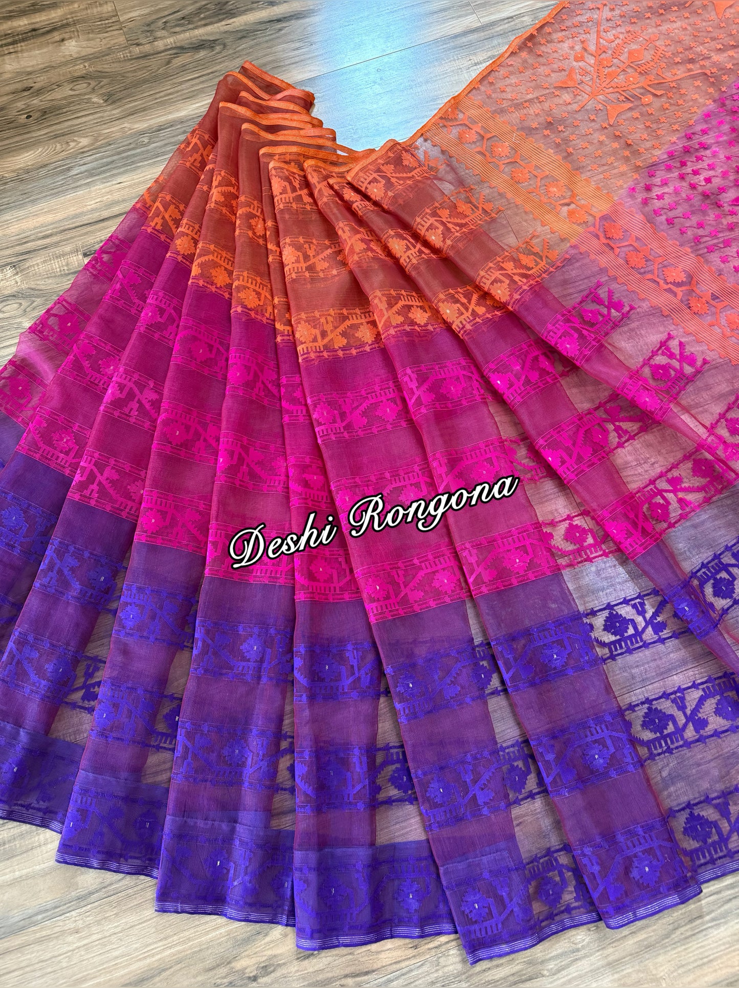 Elegant Magenta Orange Purple Dhakai Jamdani Saree - Handloom Classic