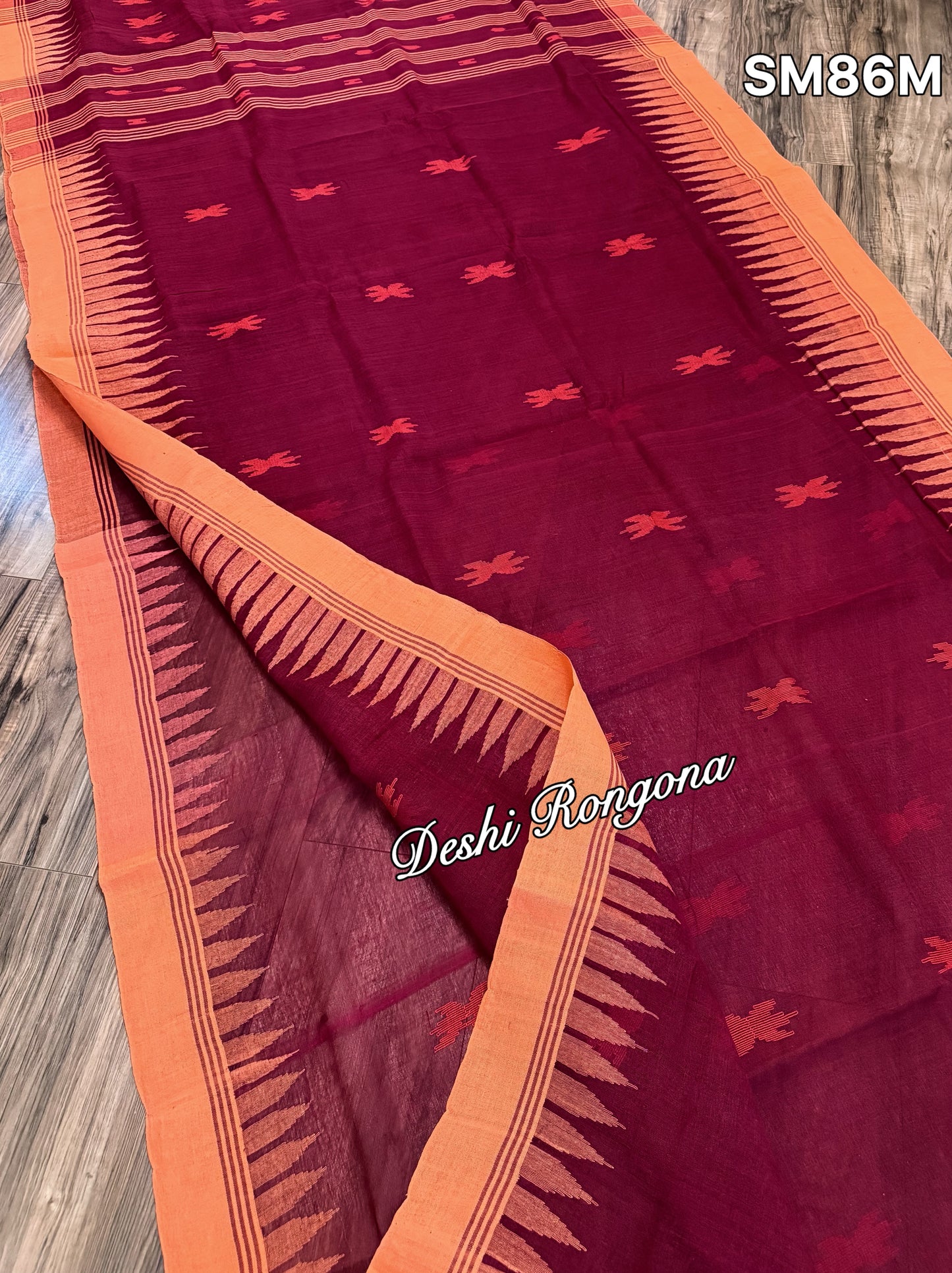Monipuri Cotton saree, Maroon and Orange