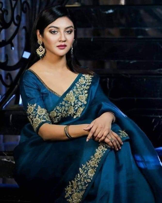 Original Moslin Hand Embroidery work Saree, Ocean Teal