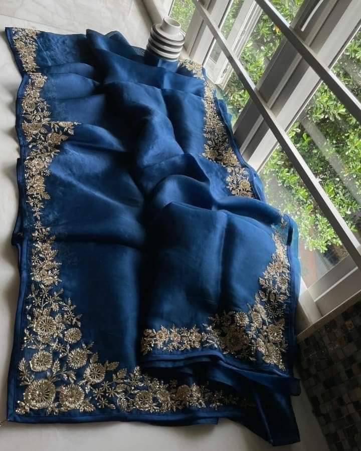 Original Moslin Hand Embroidery work Saree, Ocean Teal