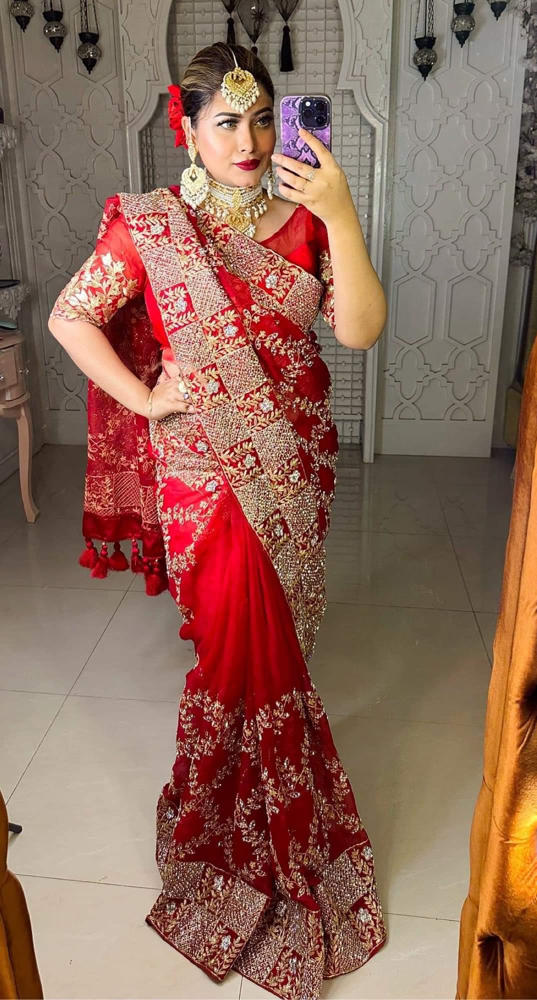 Original Moslin Handmade Karchupri work Saree, Bridal Red
