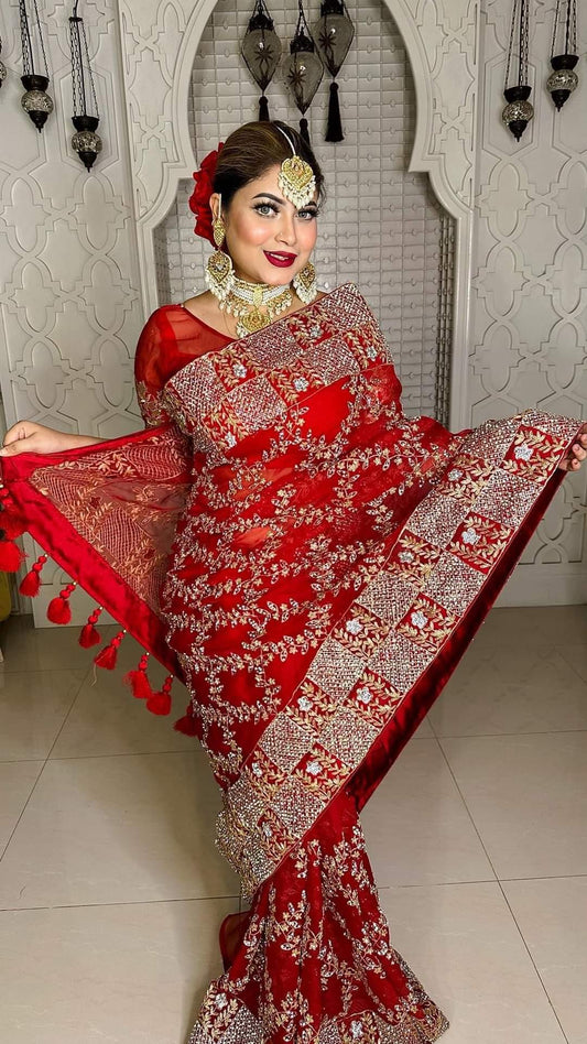 Original Moslin Handmade Karchupri work Saree, Bridal Red