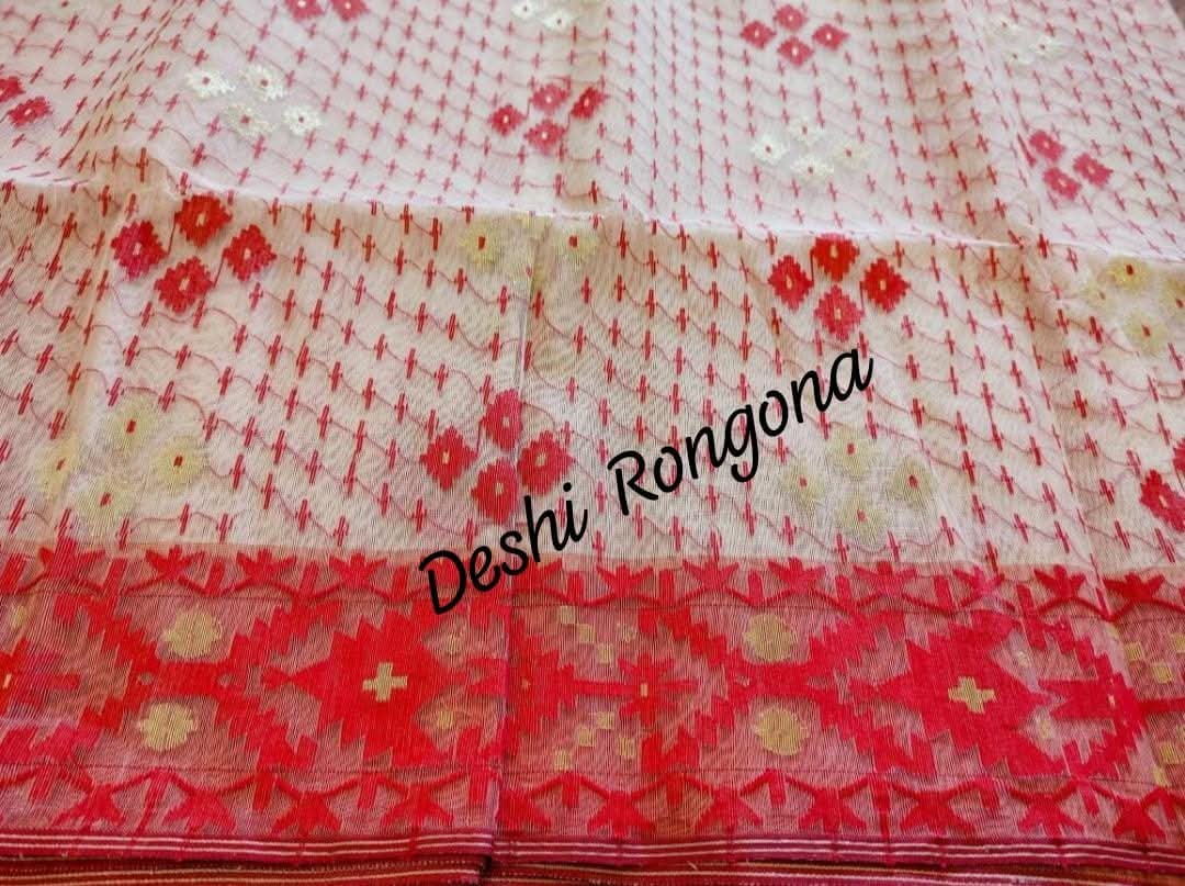 White Red Dhakai Jamdani Saree - Handloom 80 Count