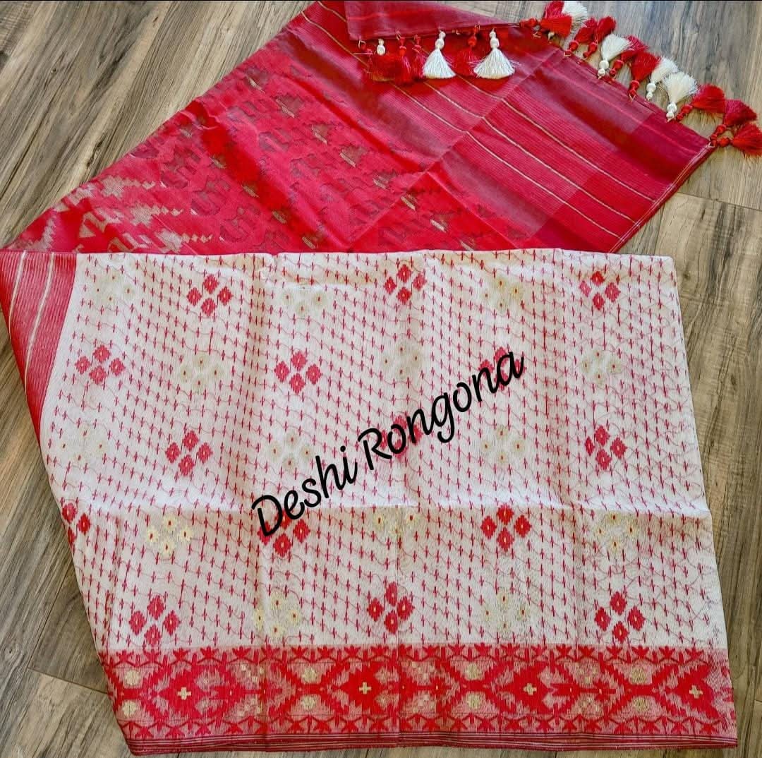 White Red Dhakai Jamdani Saree - Handloom 80 Count