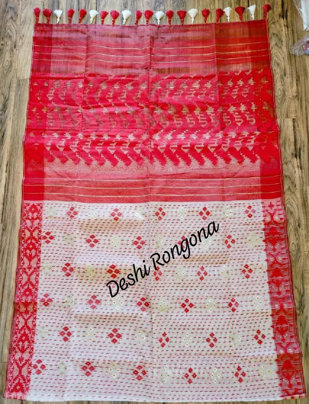 White Red Dhakai Jamdani Saree - Handloom 80 Count