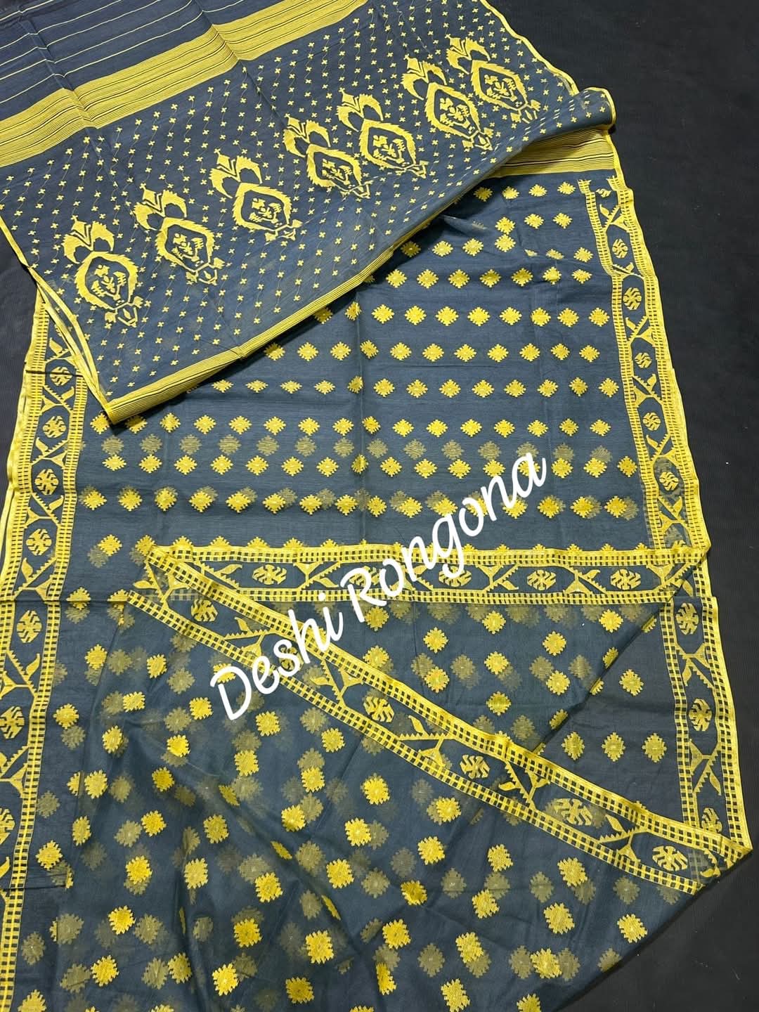 Gray Dhakai Jamdani Saree with Lemon Yellow work