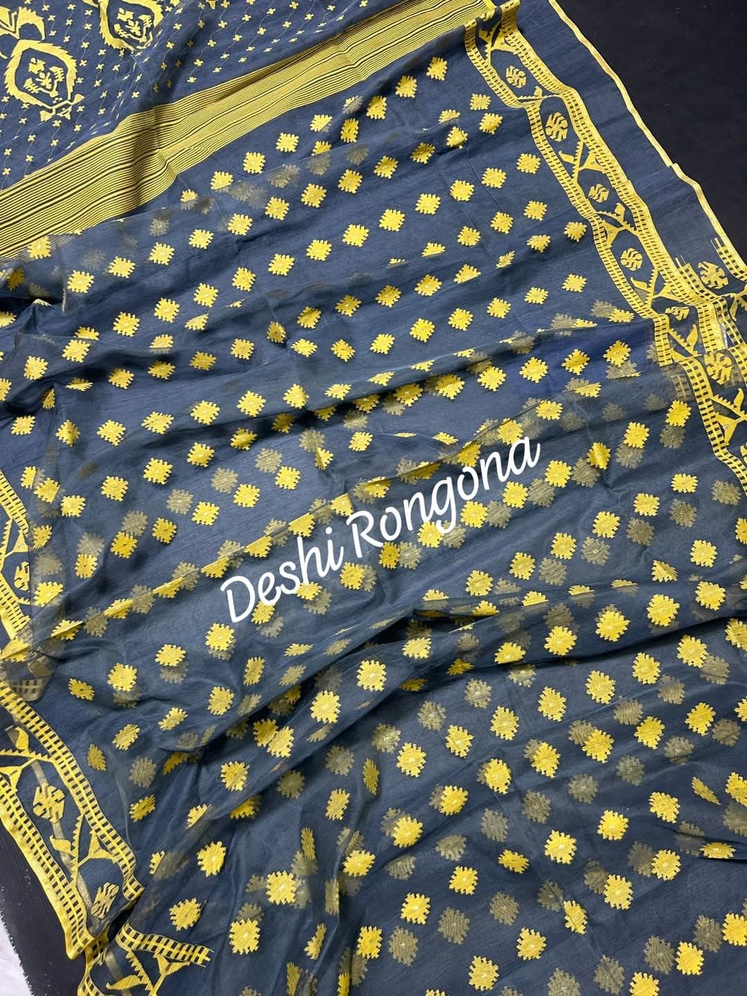 Gray Dhakai Jamdani Saree with Lemon Yellow work