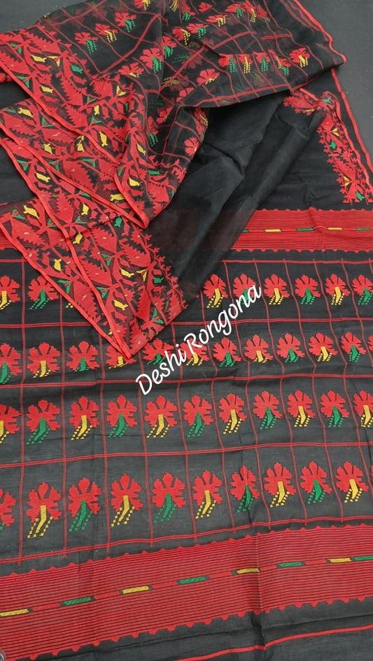 Elegant Pure Cotton Dhakai Jamdani Saree - Black and Red