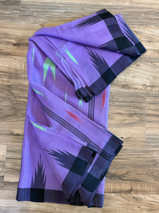 Sylheti Monipuri Handwoven Cotton Saree – Lilac & Black