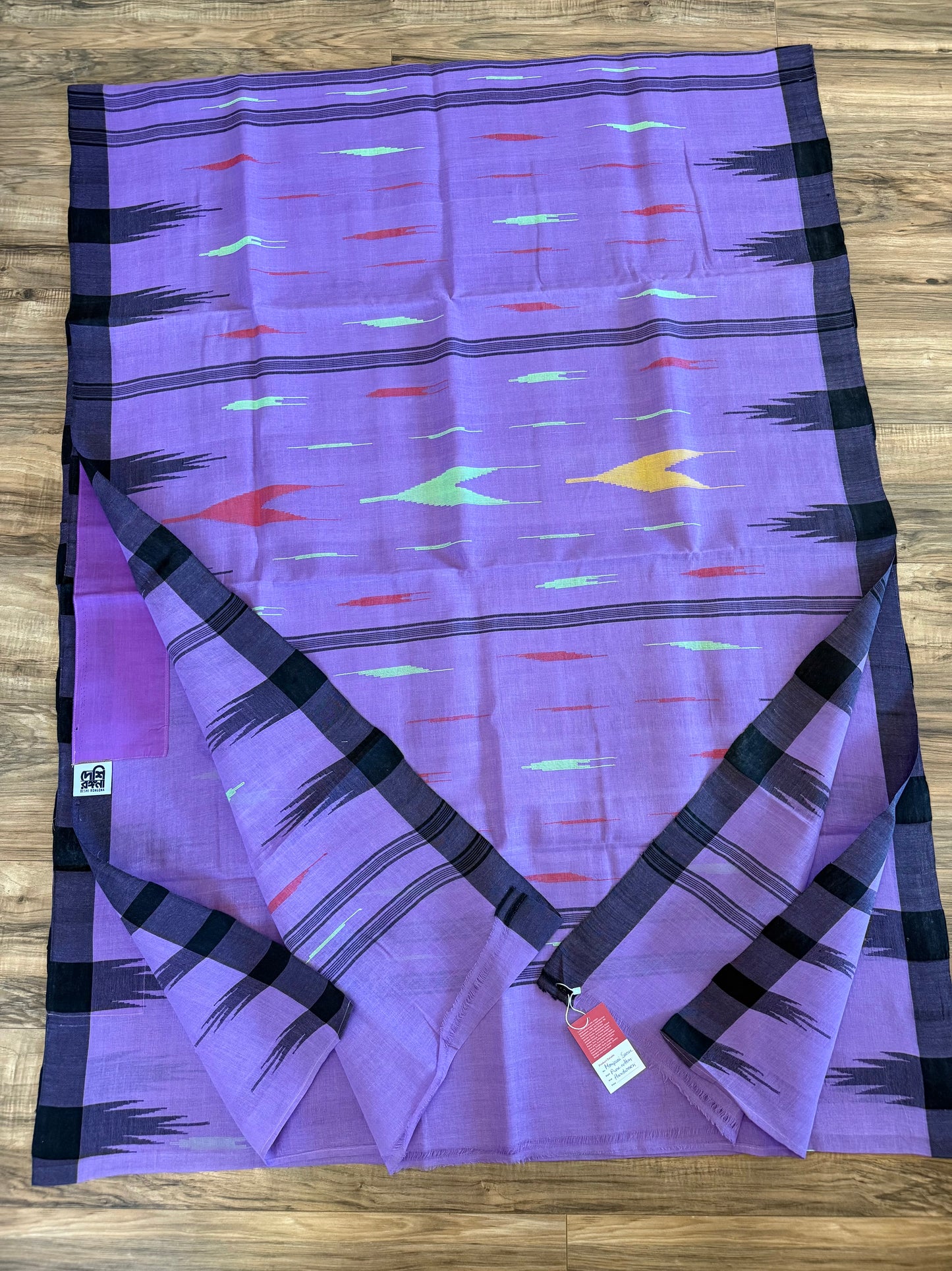 Sylheti Monipuri Handwoven Cotton Saree – Lilac & Black