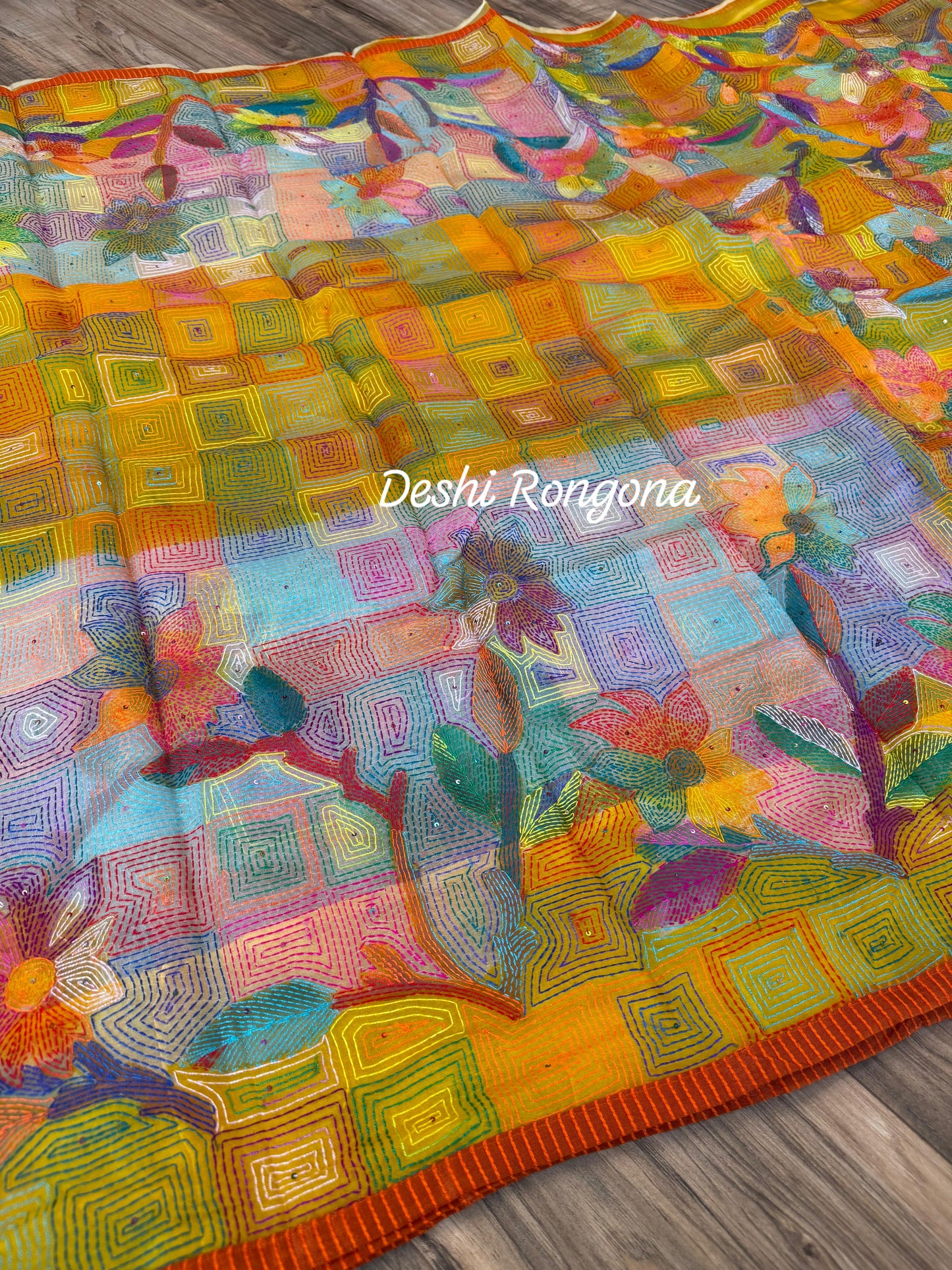 Pure Moslin Saree with Hand kantha and Handpaint