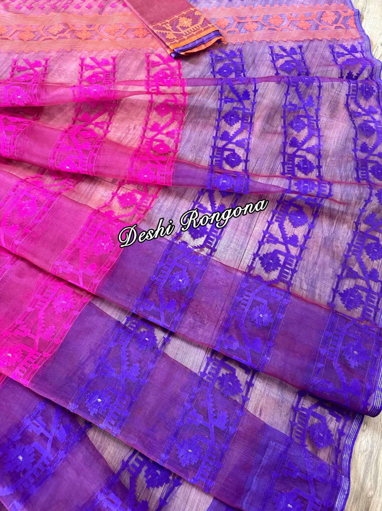 Elegant Magenta Orange Purple Dhakai Jamdani Saree - Handloom Classic