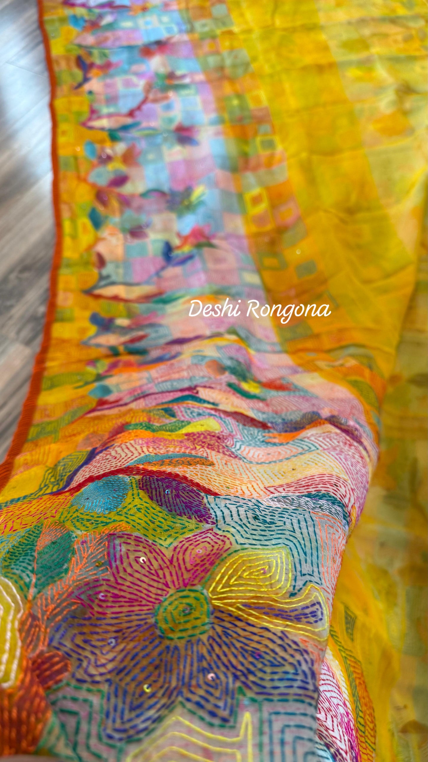 Pure Moslin Saree with Hand kantha and Handpaint