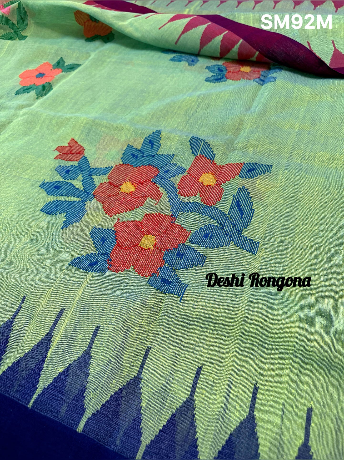 Sylheti Monipuri Saree, Mint with Purple/Blue Border