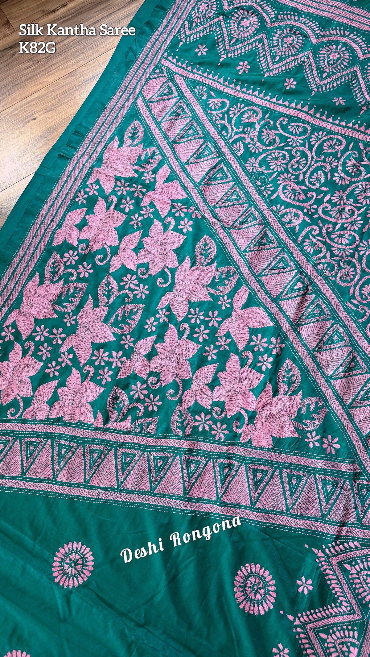 Sea green Bangalore Silk Kantha Saree with pink work