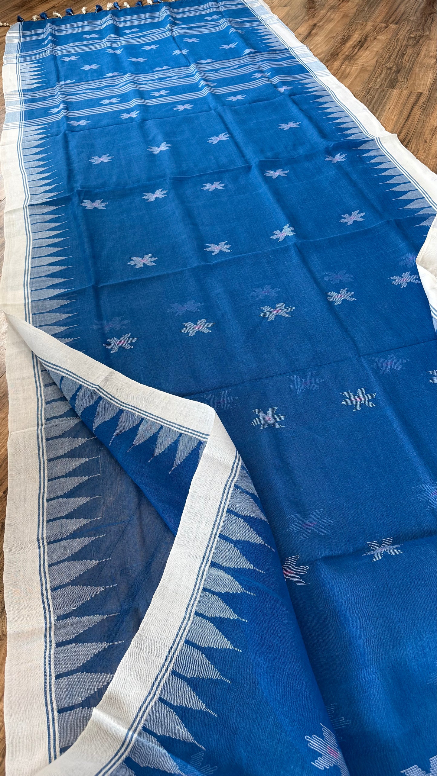 Sylheti Monipuri Handwoven Cotton Saree - Blue