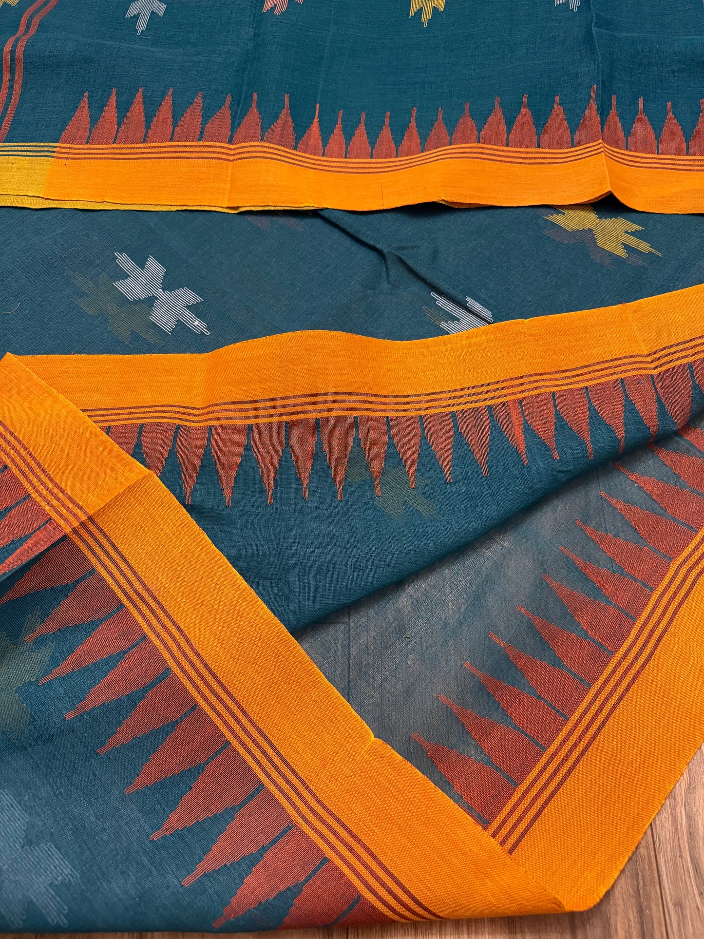 Sylheti Monipuri Handwoven Sea Green Saree with Orange