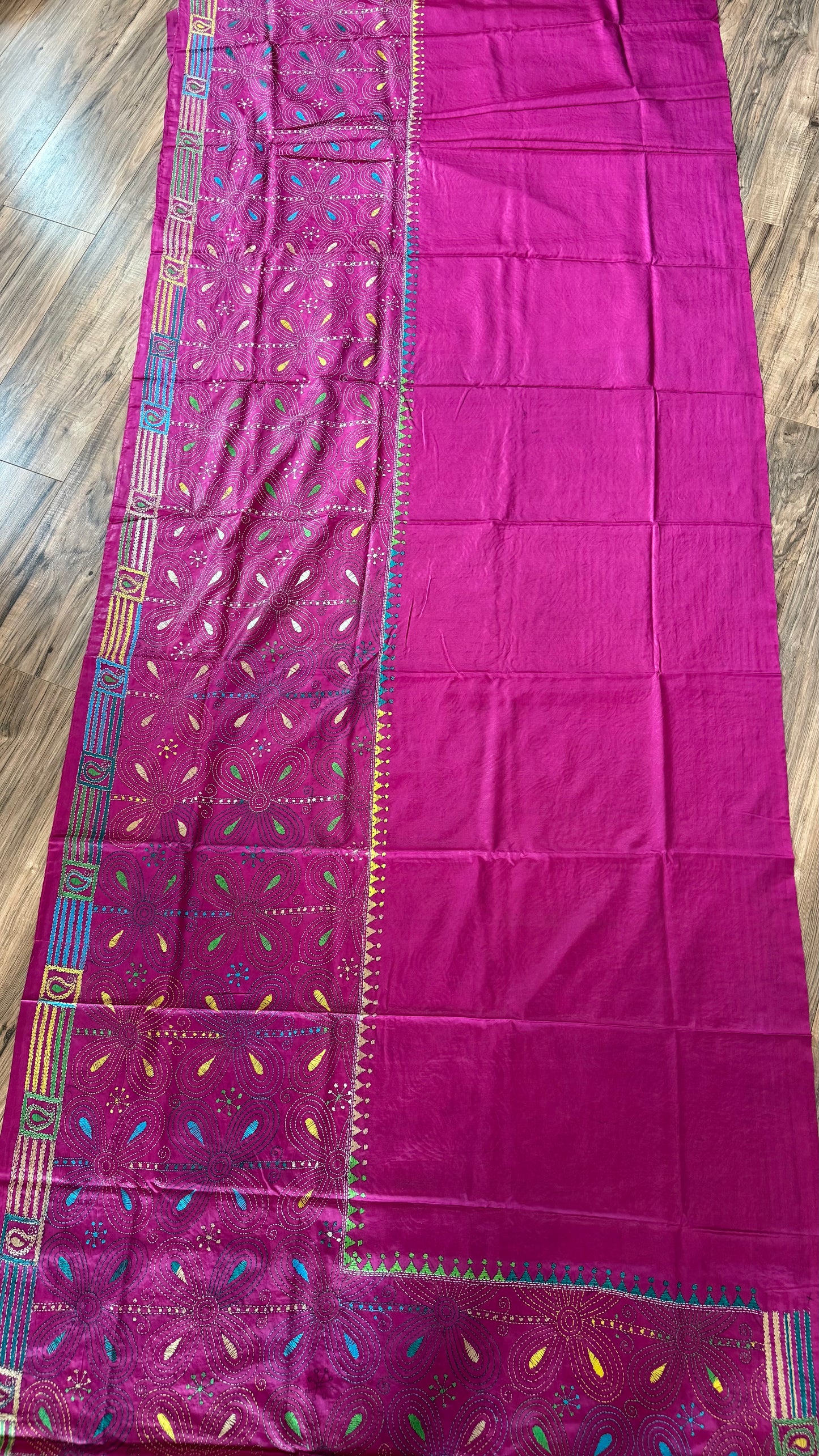 Magenta Pink Bangalore Silk Kantha Saree