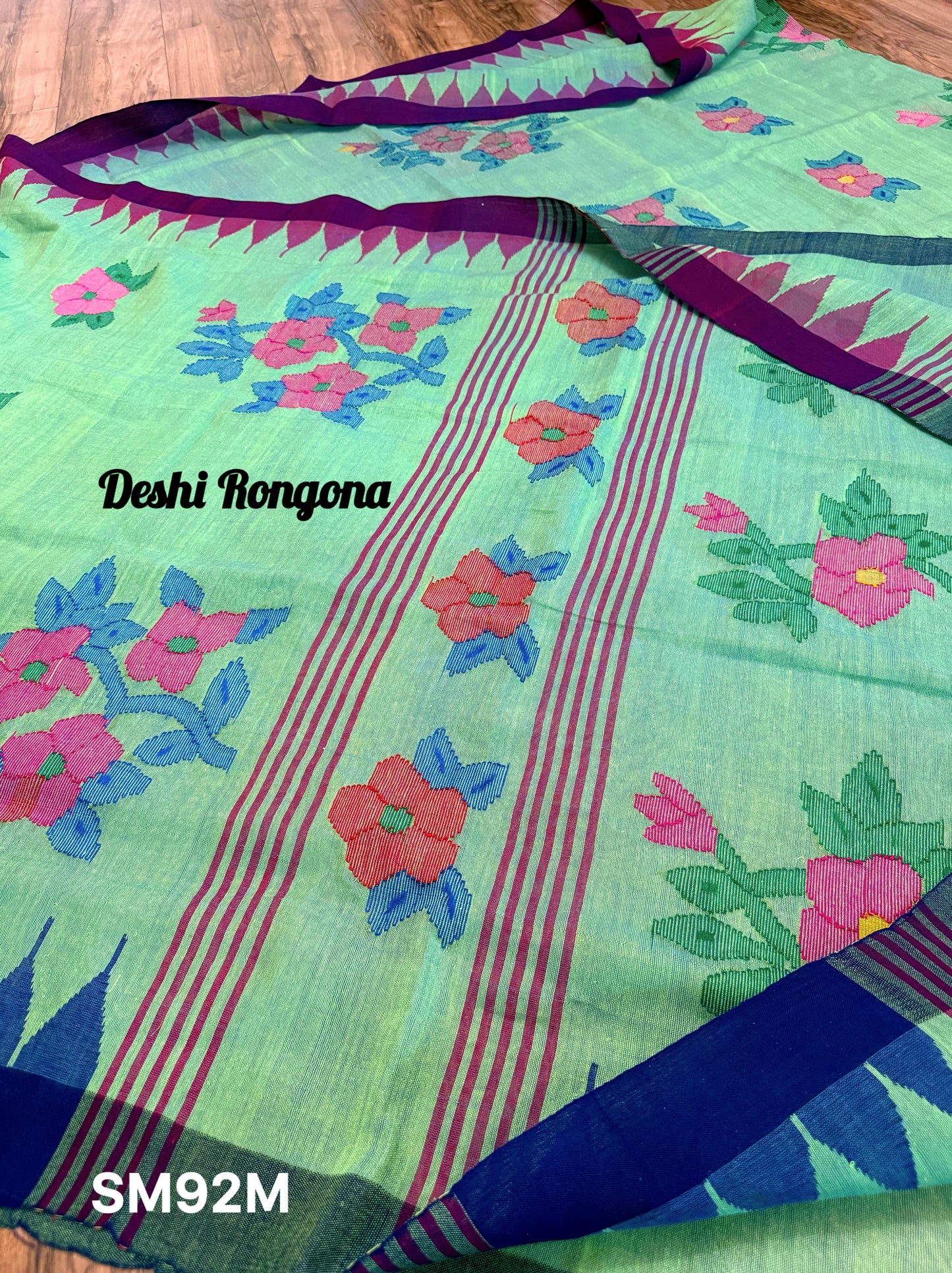 Sylheti Monipuri Saree, Mint with Purple/Blue Border