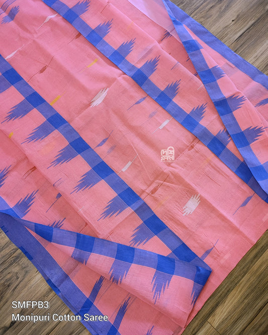 Flamingo Pink Monipuri Handwoven Cotton Saree with Temple Border