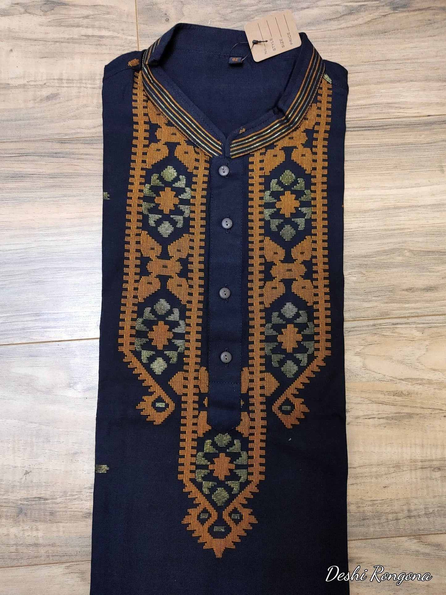 Original Dhakai Jamdani Men Punjabi, Pure Cotton, Black and Orange work Contrast Handloom, Comfortable, Elegant, Made in Dhaka, Bangladesh