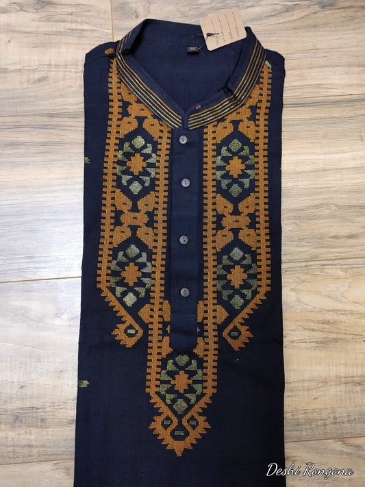 Original Dhakai Jamdani Men Punjabi, Pure Cotton, Black and Orange work Contrast Handloom, Comfortable, Elegant, Made in Dhaka, Bangladesh