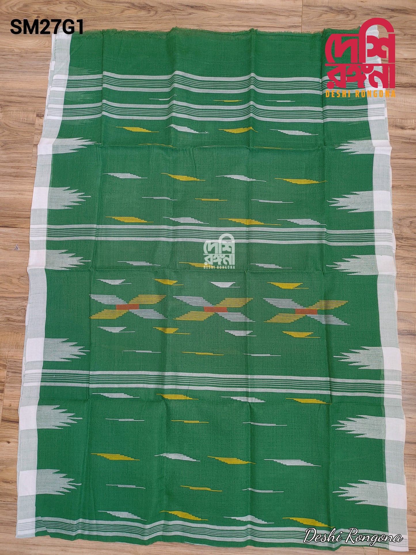Green Monipuri Cotton Saree with White Woven Border