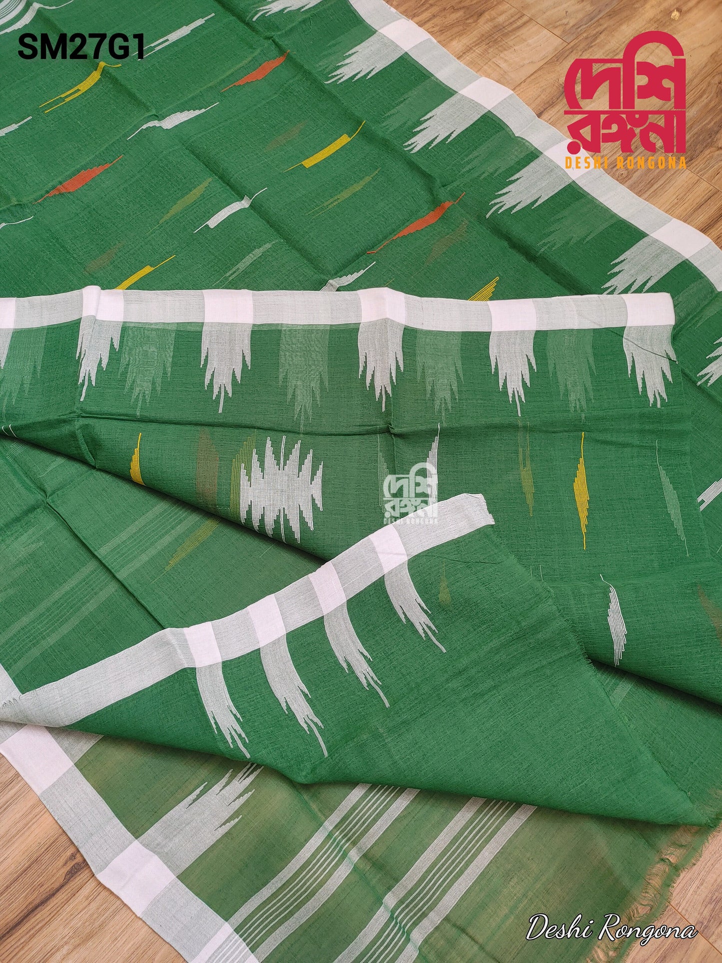 Green Monipuri Cotton Saree with White Woven Border