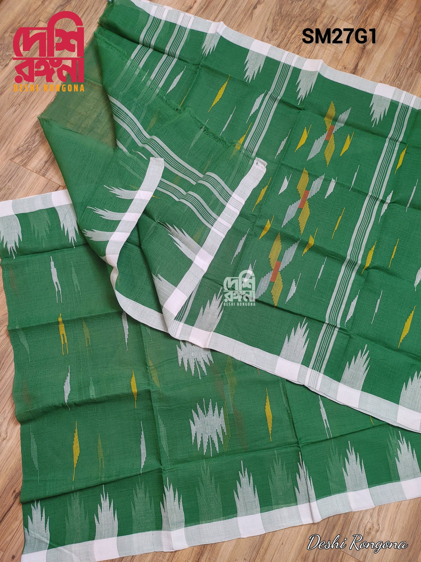 Green Monipuri Cotton Saree with White Woven Border