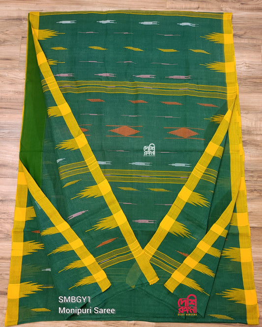 Sylheti Monipuri Handwoven Cotton Saree – Bottle Green & Yellow
